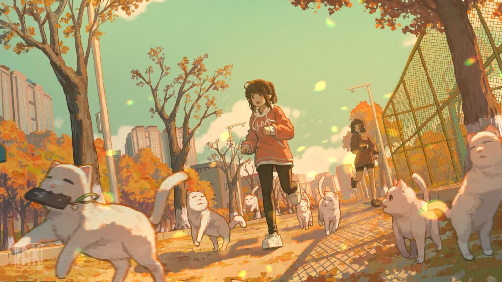 Anime Girls Running with Cats in Autumn Park 4K Desktop Wallpaper