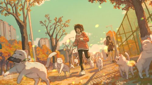 Anime Girls Running with Cats in Autumn Park 4K Desktop Wallpaper