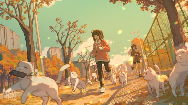 Anime Girls Running with Cats in Autumn Park 4K Desktop Wallpaper