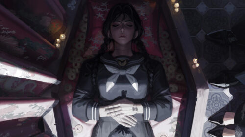 Anime Girl Lying in a Traditional Coffin Dark Aesthetic 4K Desktop Wallpaper