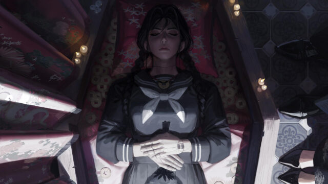 Anime Girl Lying in a Traditional Coffin Dark Aesthetic 4K Desktop Wallpaper