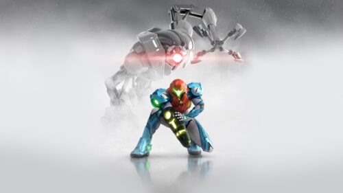 Samus Aran and EMMI Robot Metroid Dread 4K PC Desktop Wallpaper