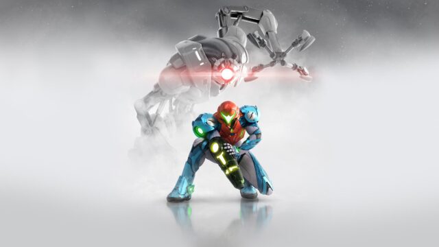 Samus Aran and EMMI Robot Metroid Dread 4K PC Desktop Wallpaper