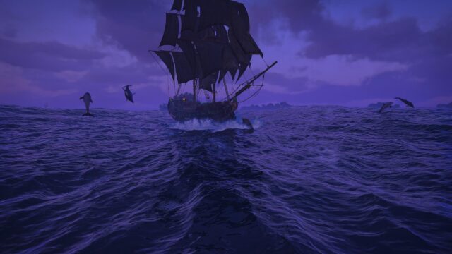 Pirate Ship Sailing with Jumping Dolphins at Twilight 4K Desktop Wallpaper
