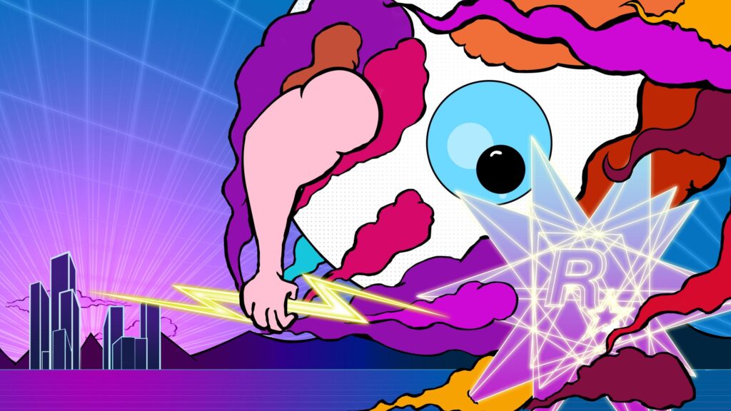 Surreal Eyeball and Muscular Arm Synthwave Aesthetic Desktop Wallpaper