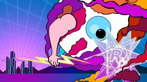 Surreal Eyeball and Muscular Arm Synthwave Aesthetic Desktop Wallpaper