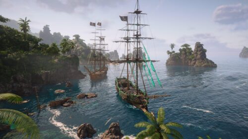 Pirate Ships Anchored in Tropical Caribbean Bay 4K Desktop Wallpaper