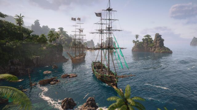 Pirate Ships Anchored in Tropical Caribbean Bay 4K Desktop Wallpaper