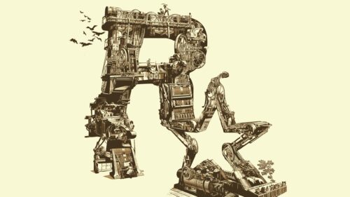 Steampunk Rockstar Games Logo Detailed Mechanical Art Desktop Wallpaper