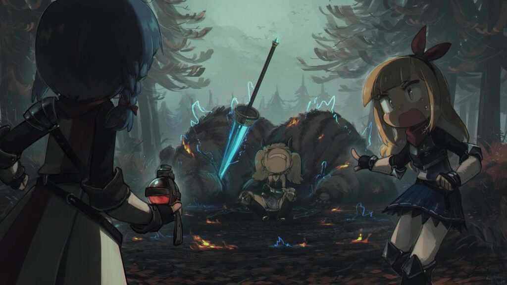 Anime Girls in Dark Forest with Magical Sword Fantasy 4K Wallpaper