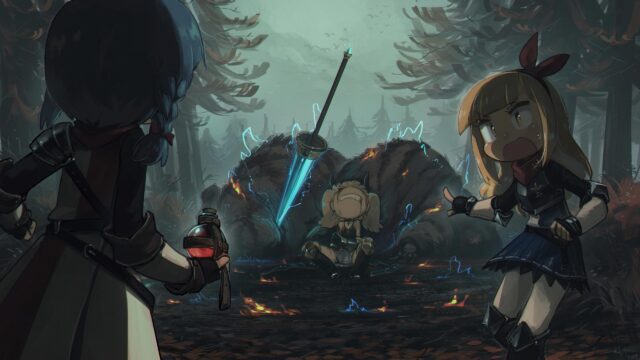 Anime Girls in Dark Forest with Magical Sword Fantasy 4K Wallpaper