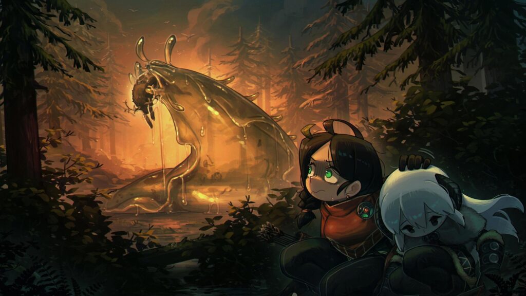 Anime Girls Hiding from a Giant Slime Monster in the Forest Desktop Wallpaper