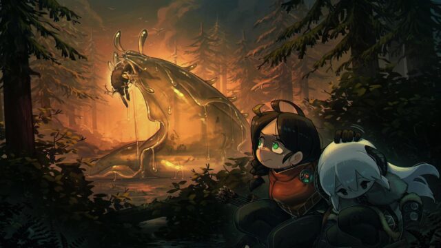 Anime Girls Hiding from a Giant Slime Monster in the Forest Desktop Wallpaper