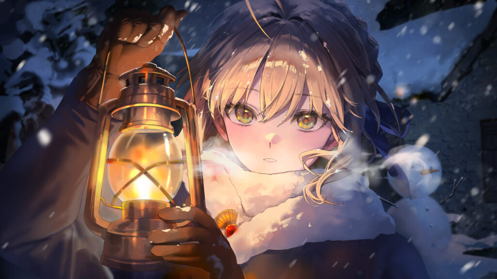 Anime Girl Holding Lantern in Snowy Winter Night 4K Desktop Wallpaper