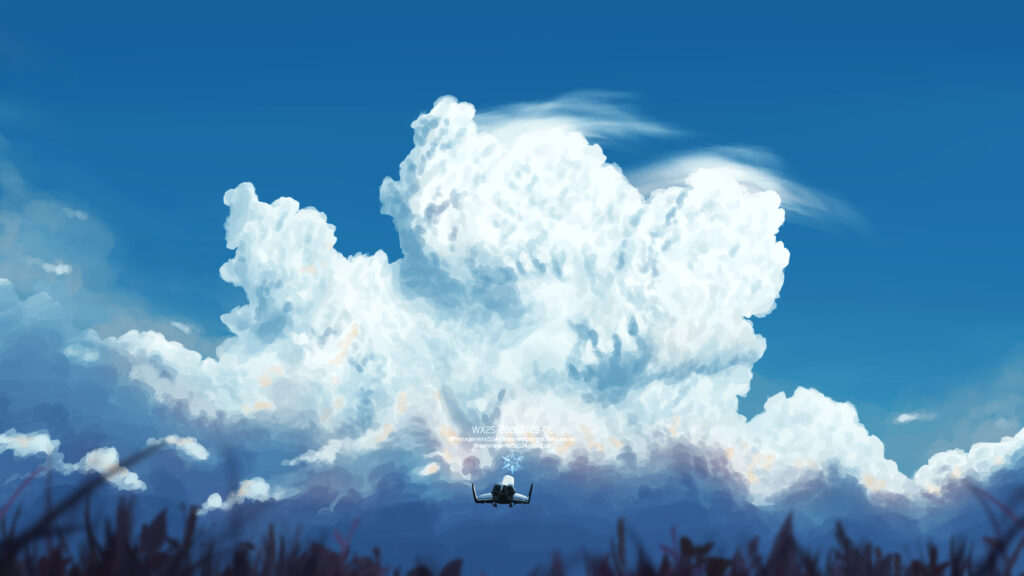 Anime Style Space Shuttle Flying Toward Massive Cumulus Clouds 4K Desktop Wallpaper