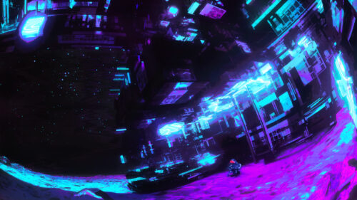 Futuristic Cyberpunk Cityscape with Neon Lights and Lone Wanderer Desktop Wallpaper