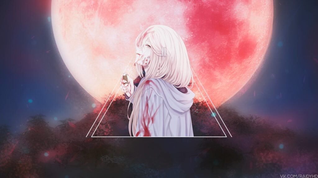 Anime Girl with Bloody Clothes and Red Moon Aesthetic Desktop Wallpaper