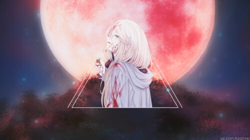 Anime Girl with Bloody Clothes and Red Moon Aesthetic Desktop Wallpaper