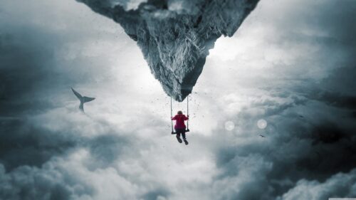 Surreal Child Swinging from Floating Island in the Clouds 4K Desktop Wallpaper