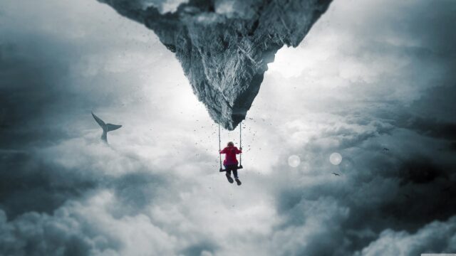 Surreal Child Swinging from Floating Island in the Clouds 4K Desktop Wallpaper
