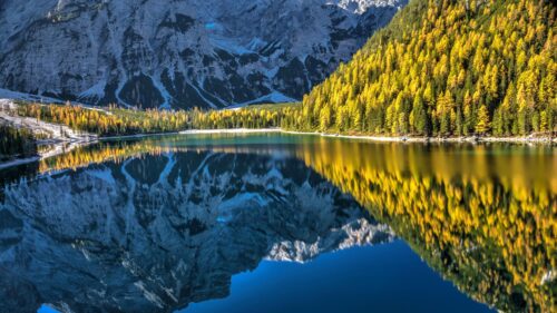 Stunning Autumn Reflection at Lake Braies Italian Dolomites Desktop Wallpaper