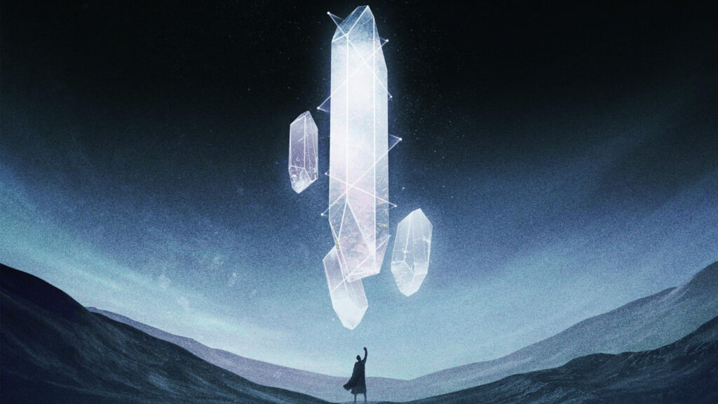 Minimalist Fantasy Figure Reaching for Floating Glowing Crystals 4K Wallpaper