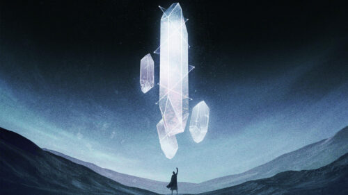Minimalist Fantasy Figure Reaching for Floating Glowing Crystals 4K Wallpaper