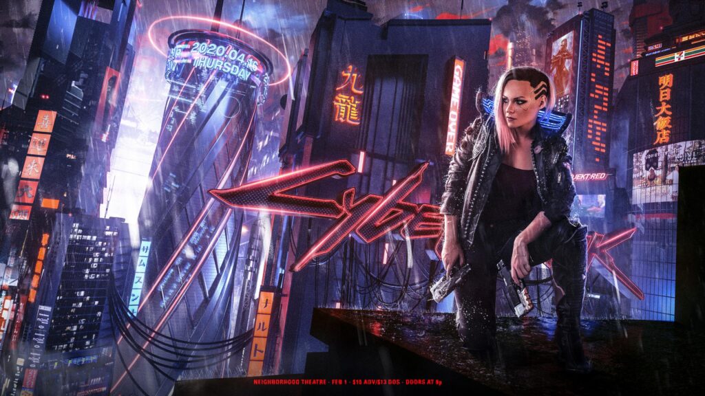 Cyberpunk Female Mercenary in Futuristic Neon City 4K Desktop Wallpaper