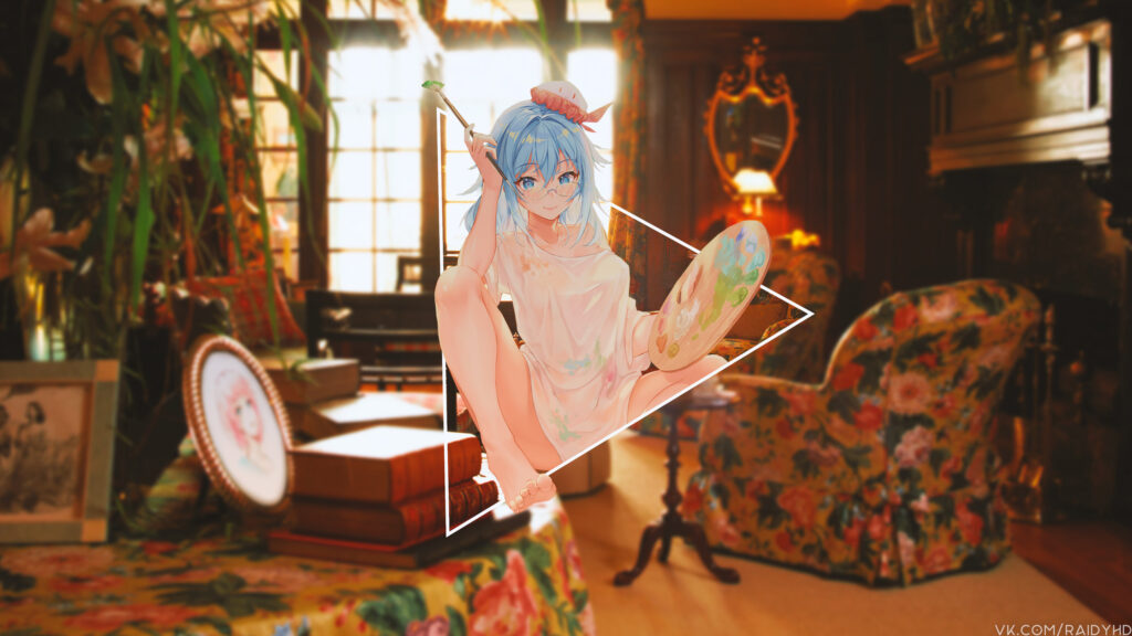 Anime Artist Girl Painting in Cozy Vintage Room 4K Desktop Wallpaper