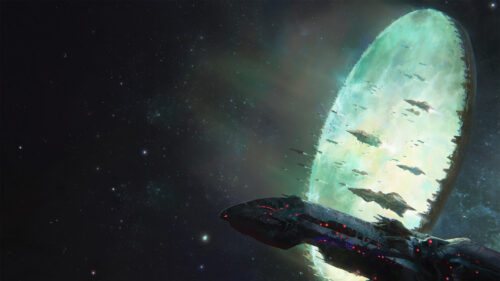 Epic Sci-Fi Space Battle with Interstellar Fleet and Alien Gateway 4K Wallpaper