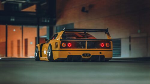 Custom Yellow Ferrari F40 Widebody Rear View Desktop Wallpaper