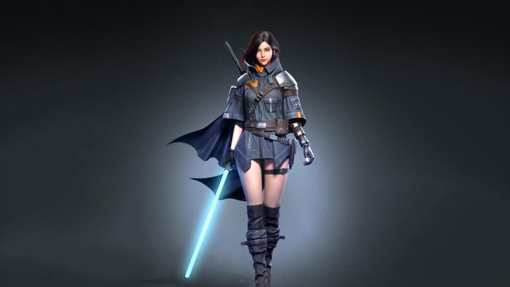 Stunning Sci-Fi Female Warrior with Blue Lightsaber 4K Desktop Wallpaper