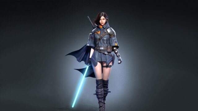 Stunning Sci-Fi Female Warrior with Blue Lightsaber 4K Desktop Wallpaper