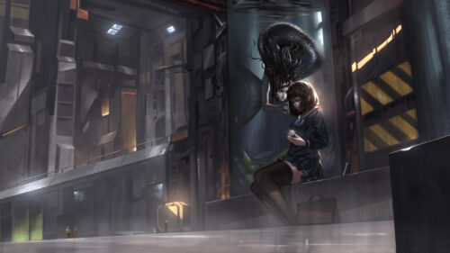 Anime Girl Sitting Beside Mermaid in Futuristic Laboratory Desktop Wallpaper