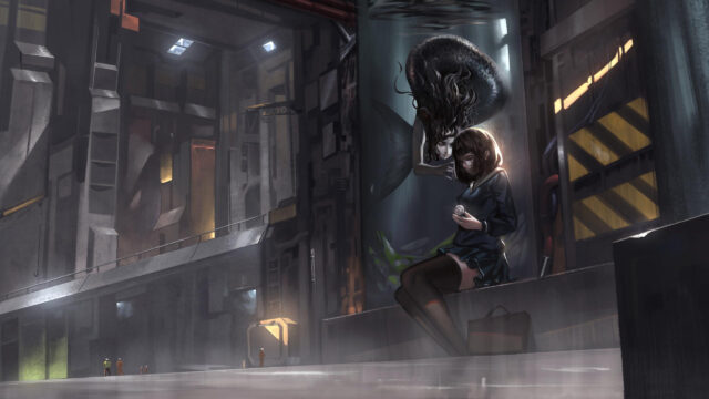 Anime Girl Sitting Beside Mermaid in Futuristic Laboratory Desktop Wallpaper