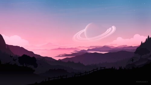 Minimalist Pink Space Landscape with Saturn Ring Planet PC Wallpaper