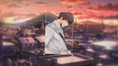 Anime Boy Under Sunset Sky With Distant Mountain 4K PC Wallpaper