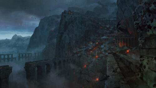 Ancient Dark Fantasy Ruined City with Glowing Lanterns Desktop Wallpaper