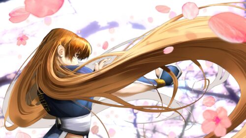 Anime Girl with Long Golden Hair Amidst Cherry Blossoms 4K Wallpaper