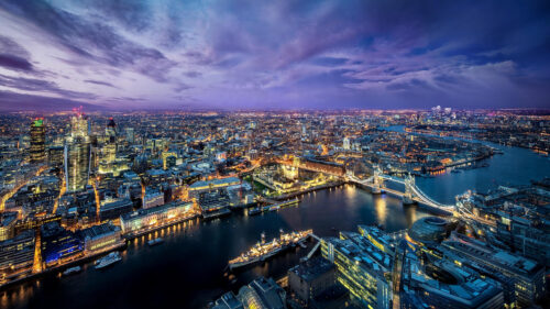 Breathtaking Aerial View of London City Skyline at Twilight 4K Wallpaper