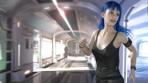 Cyberpunk Girl Running Through Futuristic Space Station Corridor 4K Wallpaper