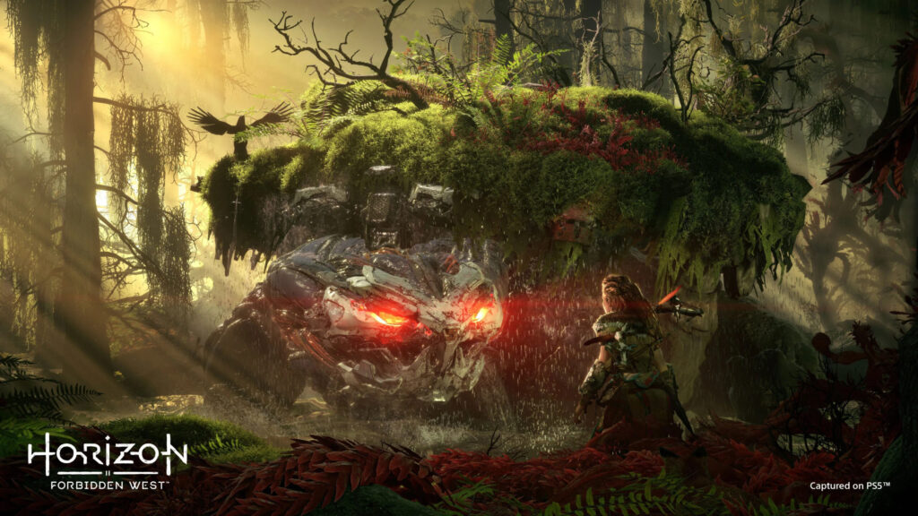 Aloy Facing a Mossy Machine in Horizon Forbidden West 4K Desktop Wallpaper