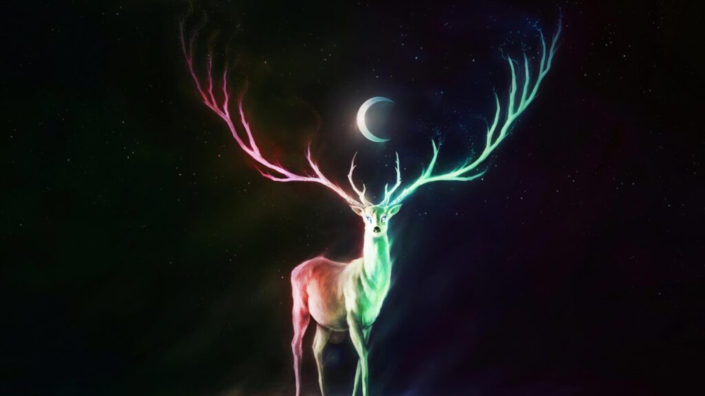 Stunning Bioluminescent Deer with Glowing Antlers Under Crescent Moon 4K Wallpaper