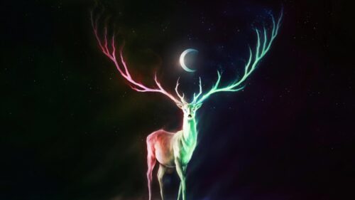 Stunning Bioluminescent Deer with Glowing Antlers Under Crescent Moon 4K Wallpaper