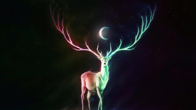 Stunning Bioluminescent Deer with Glowing Antlers Under Crescent Moon 4K Wallpaper