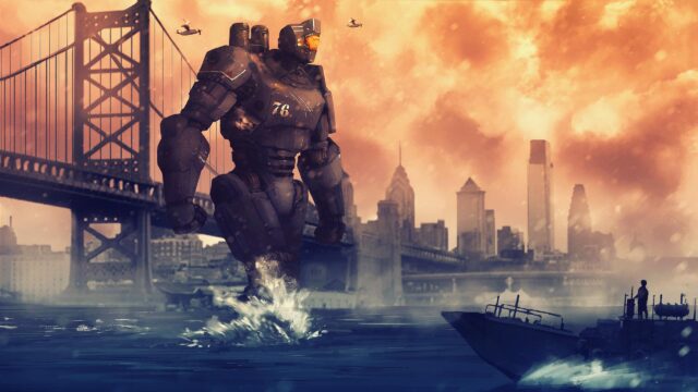 Giant Mech Robot Walking in Philadelphia Harbor 4K Desktop Wallpaper