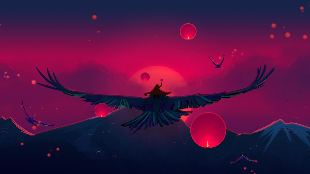 Stunning Silhouette of a Rider on a Giant Bird Over Red Mountain Peaks Desktop Wallpaper