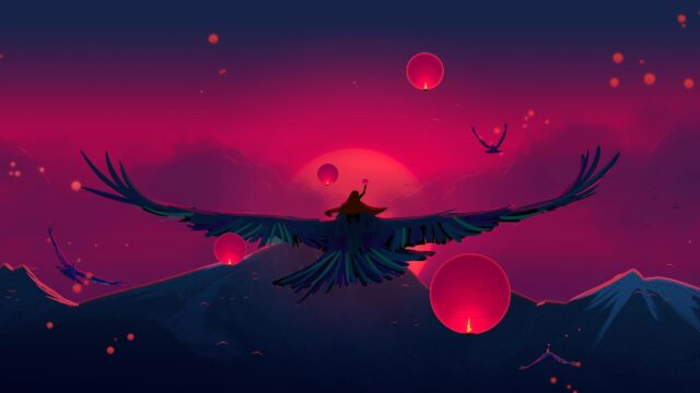 Stunning Silhouette of a Rider on a Giant Bird Over Red Mountain Peaks Desktop Wallpaper