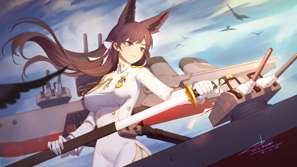 Anime Girl Akagi from Azur Lane with Katana and Warship Rigging PC Wallpaper