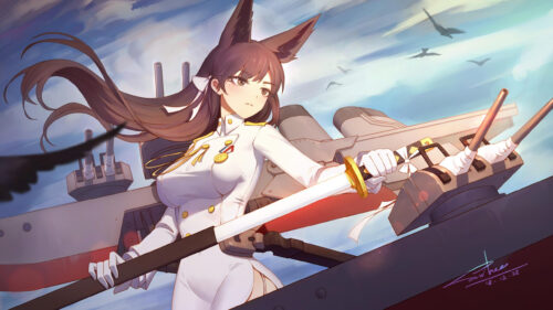 Anime Girl Akagi from Azur Lane with Katana and Warship Rigging PC Wallpaper